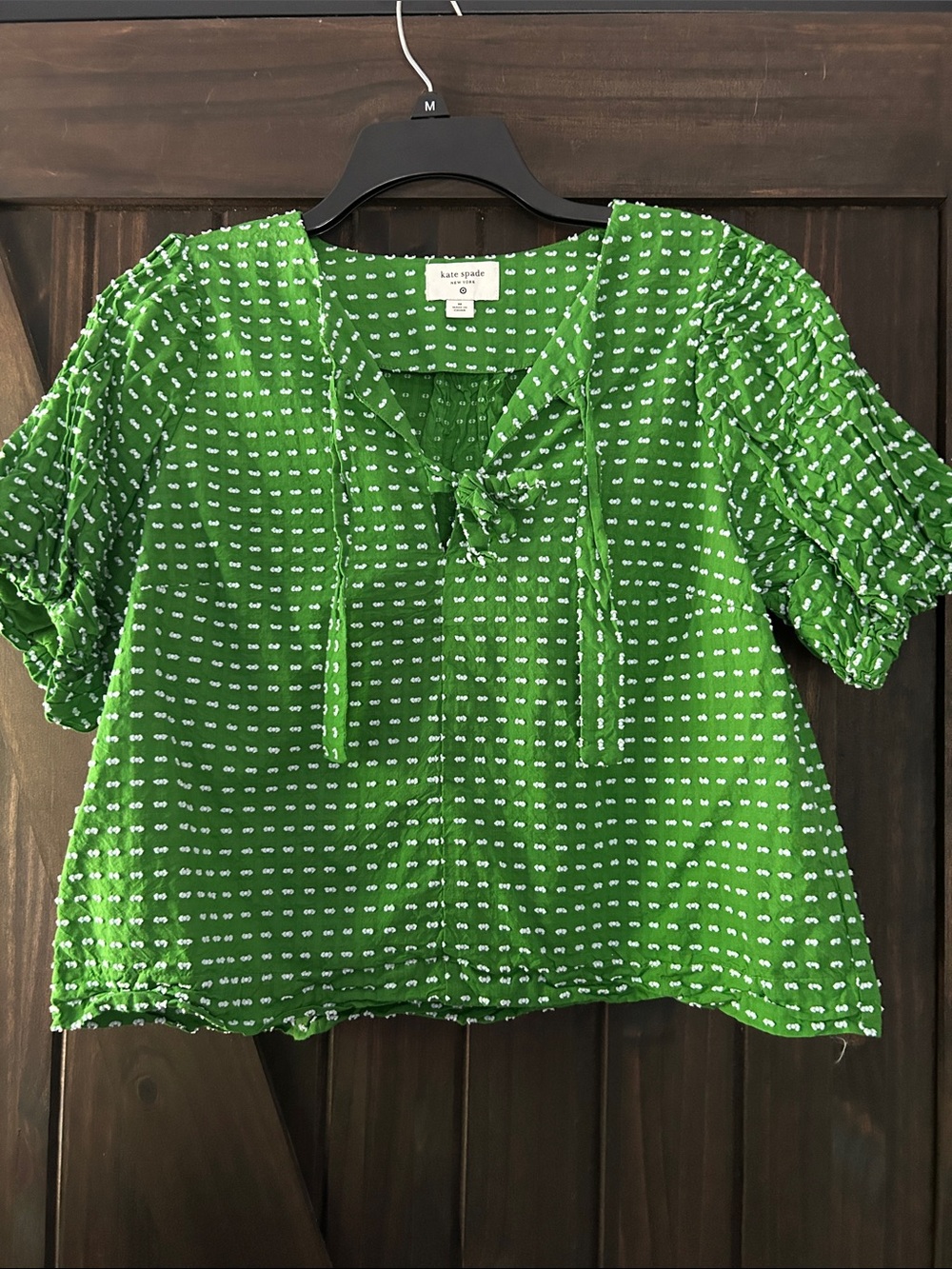 kate spade Bright Green Tie-Neck Blouse with White Dot Print